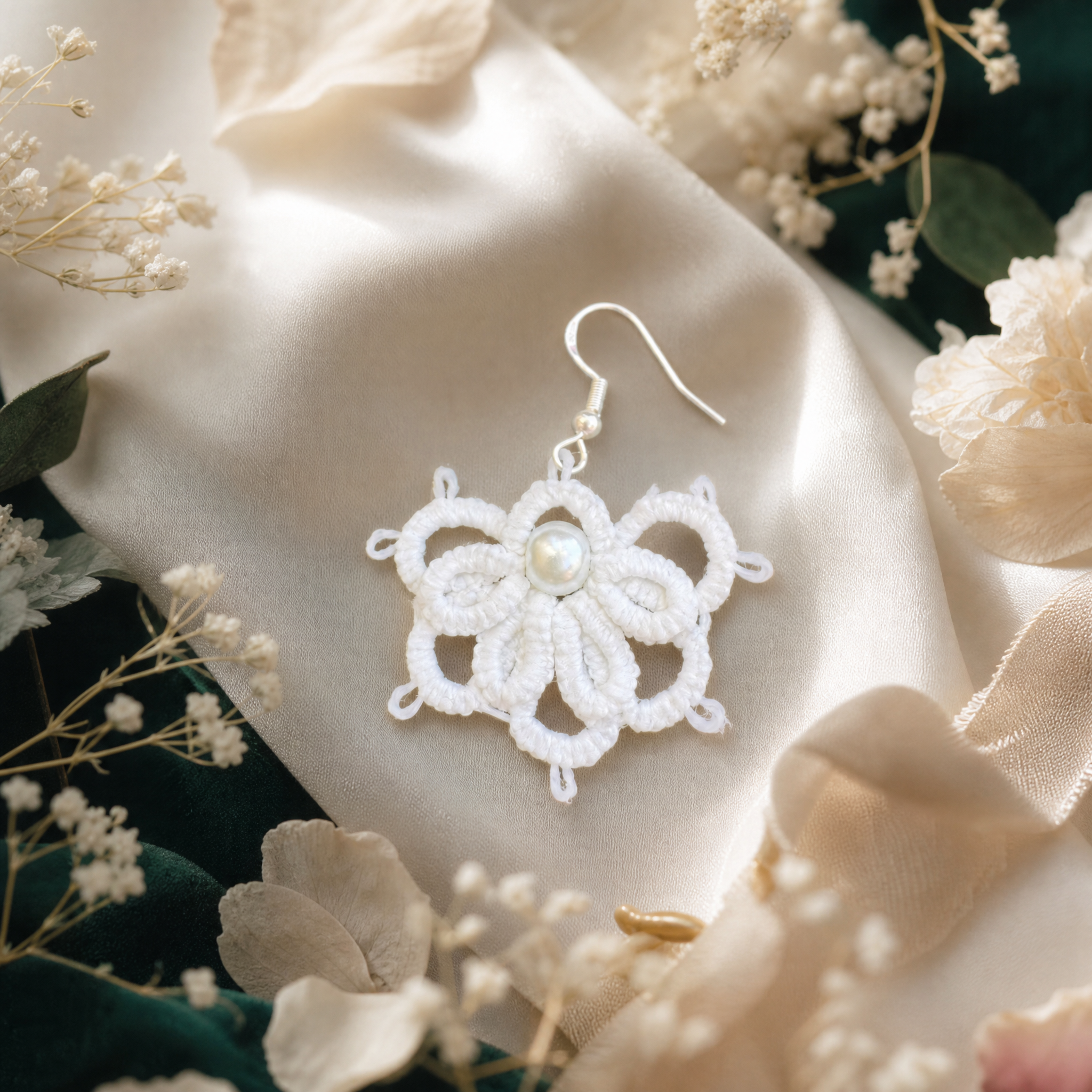 EDEN - Boucles d'oreilles de mariée en dentelle artisanale blanc & perle
