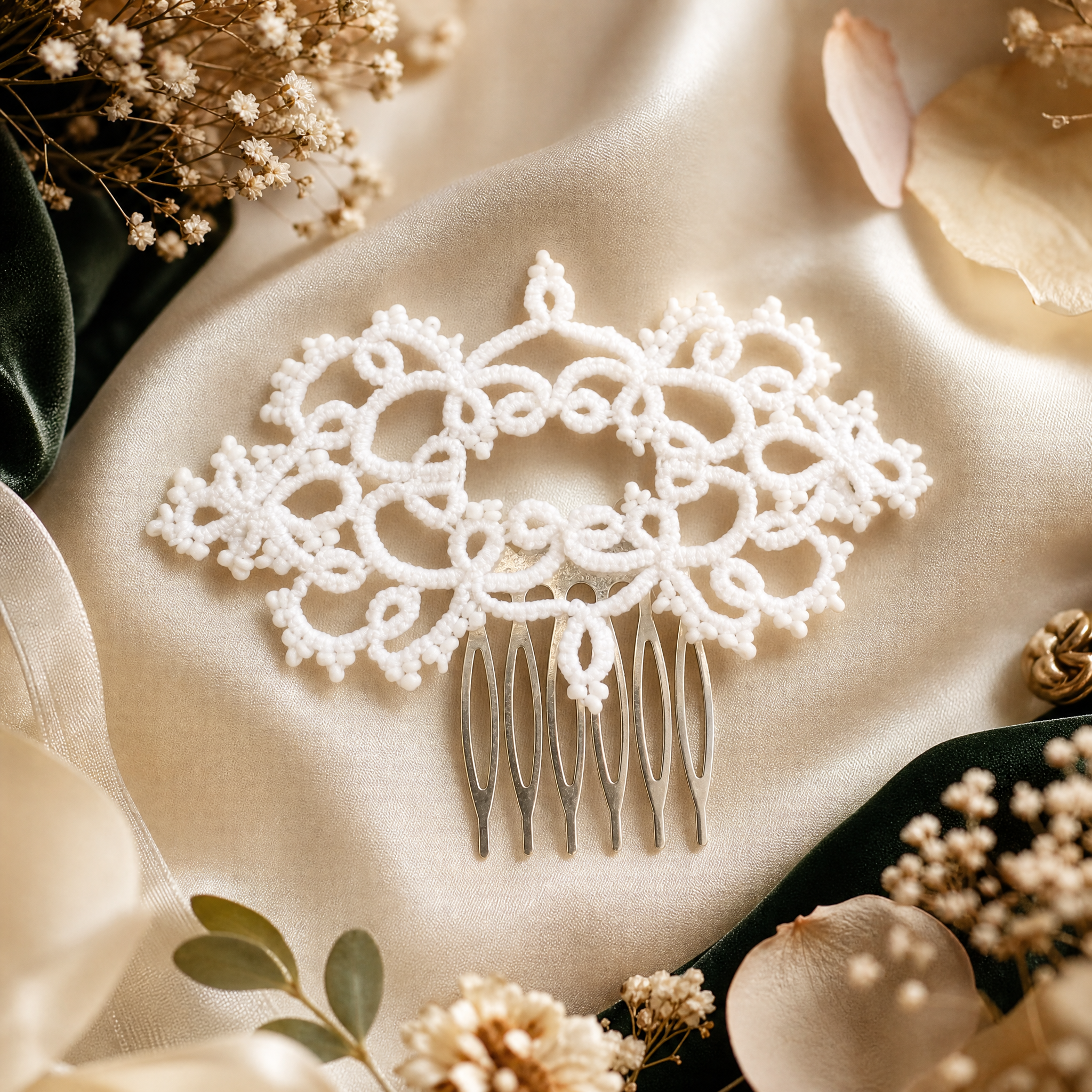 ATARAH - Peigne pour cheveux de mariée en dentelle artisanale blanc
