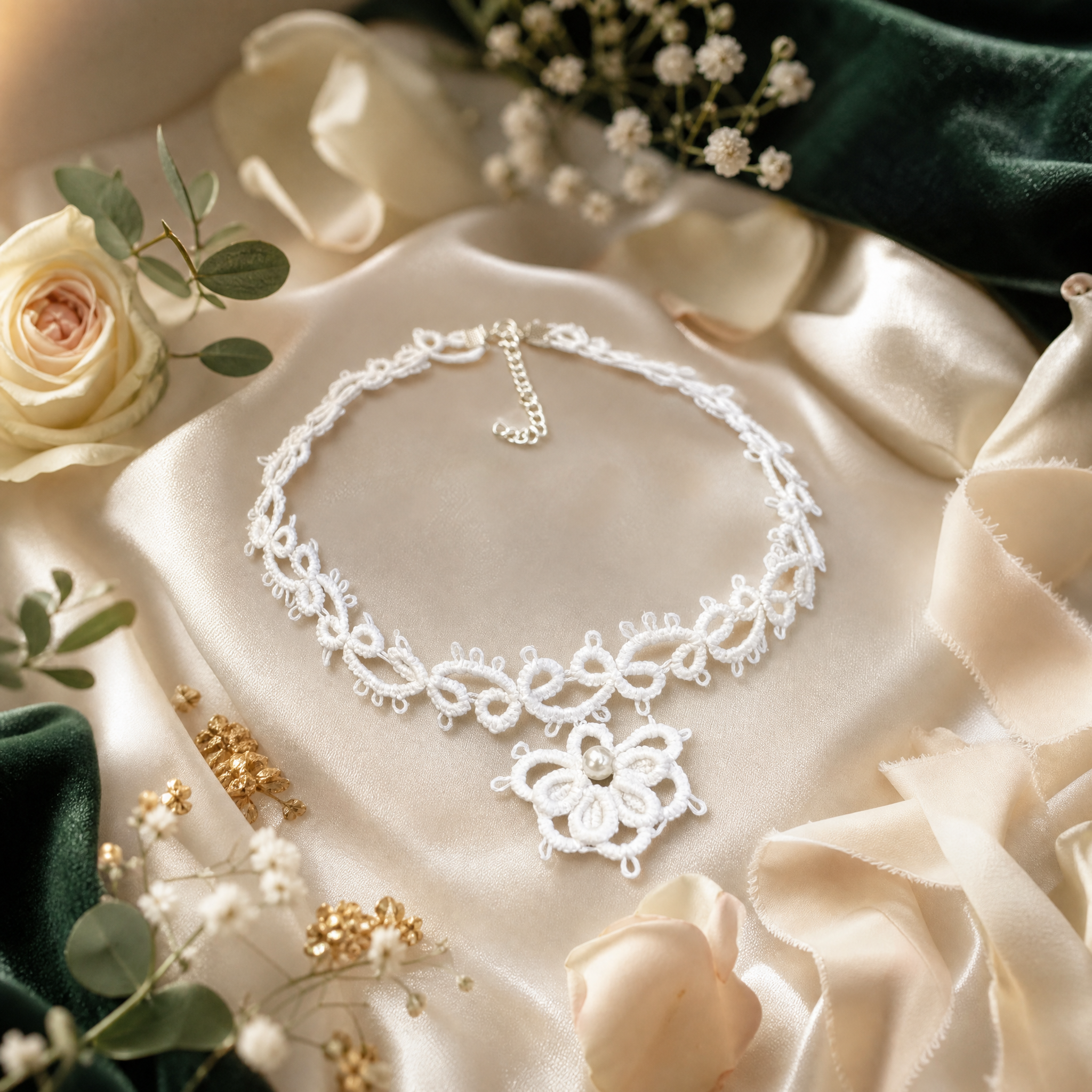 BERACHA - Collier de mariée ras de cou en dentelle artisanale blanc