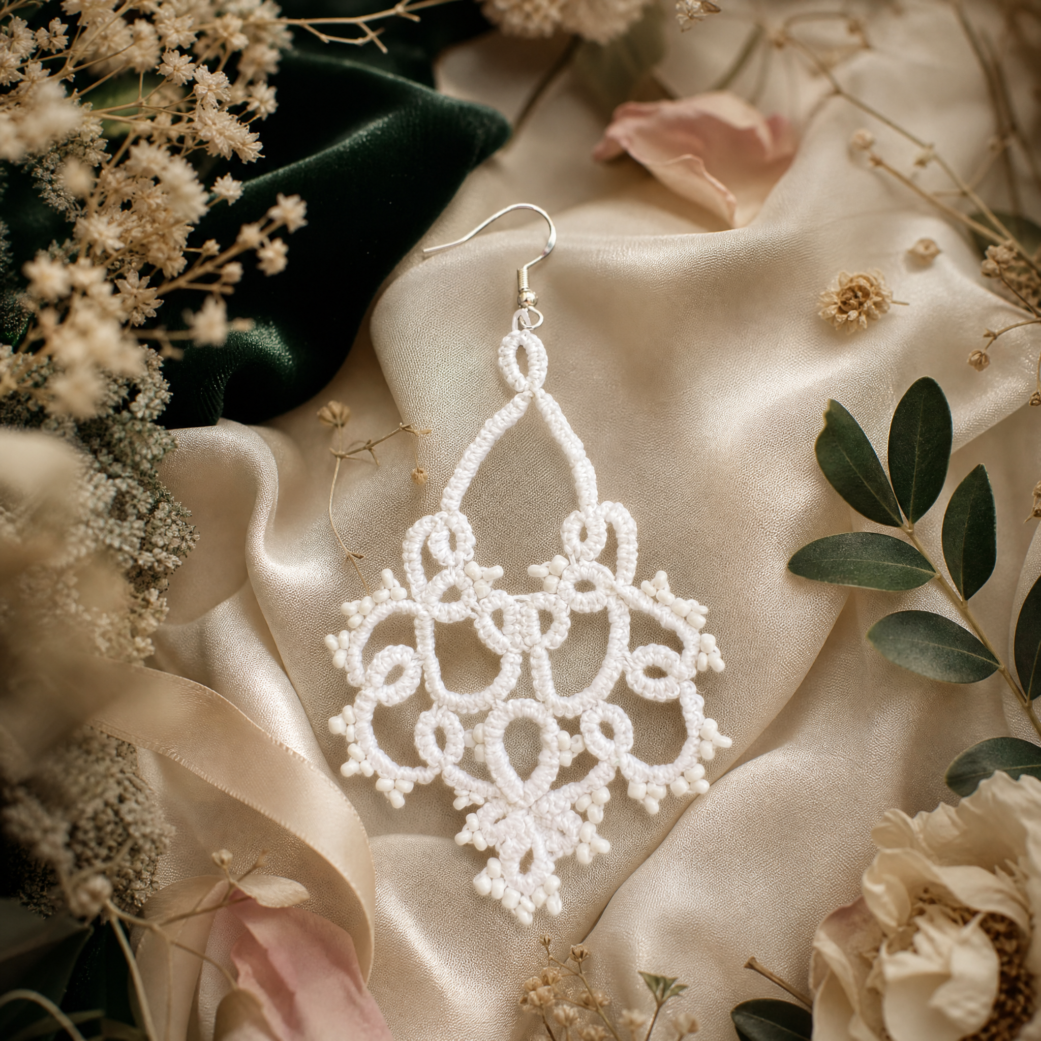 TIARA - Boucles d'oreilles de mariée longues en dentelle artisanale blanc
